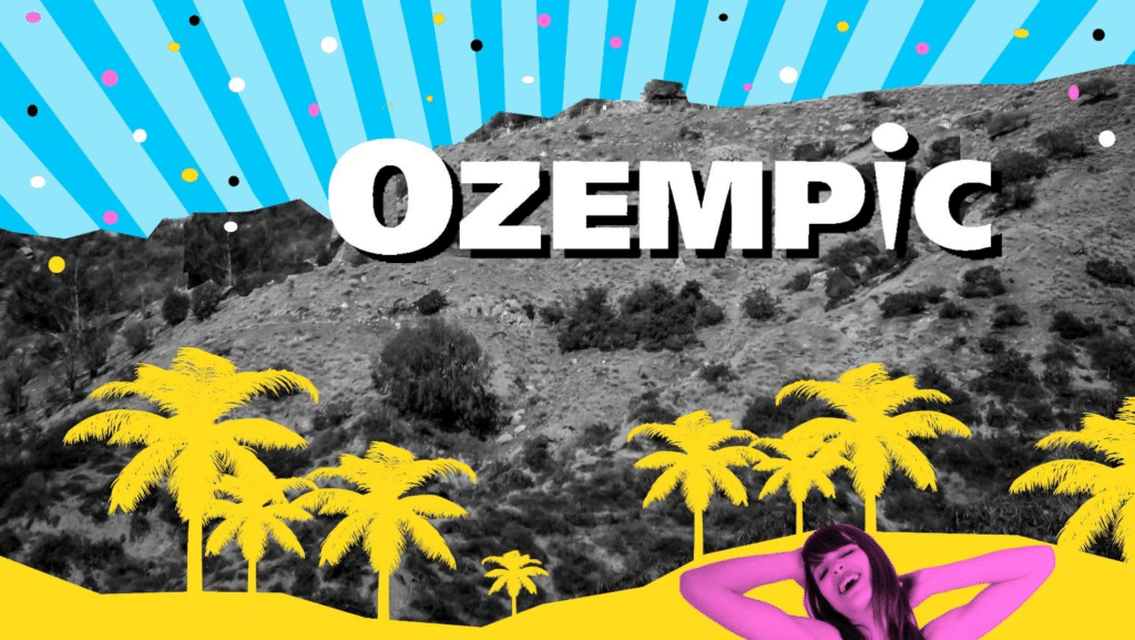 Illustration of the Hollywood sign replaced by the brand logo for Ozempic