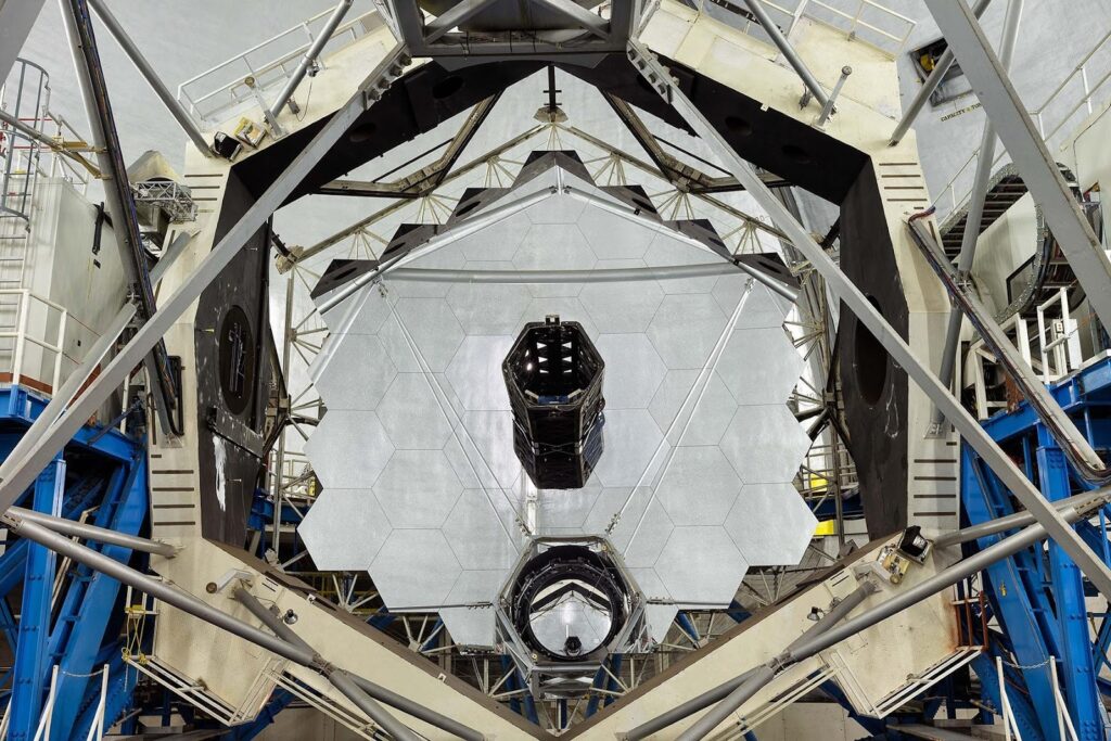The Keck Observatory’s 10-meter primary mirror features a honeycomb structure with 36 individual mirror segments.