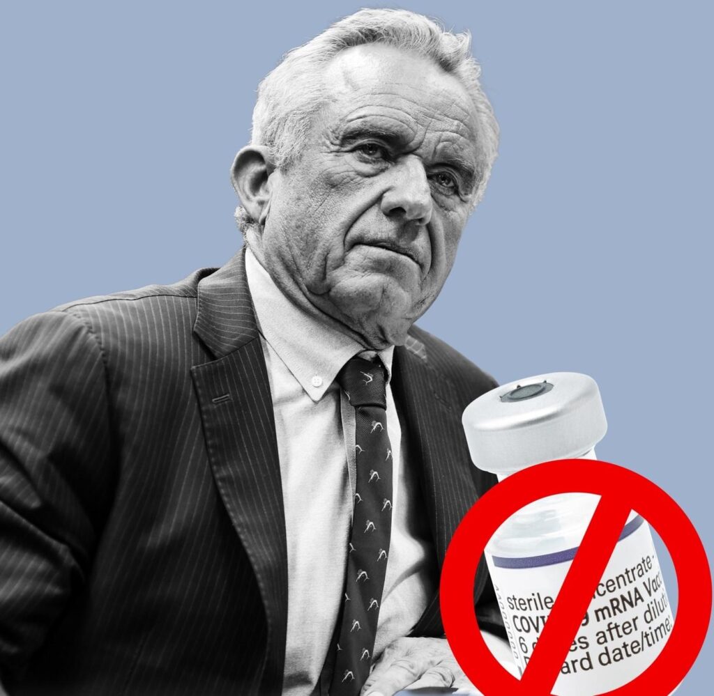RFK Jr composited with a vaccine vial that has a circle and slash icon over it
